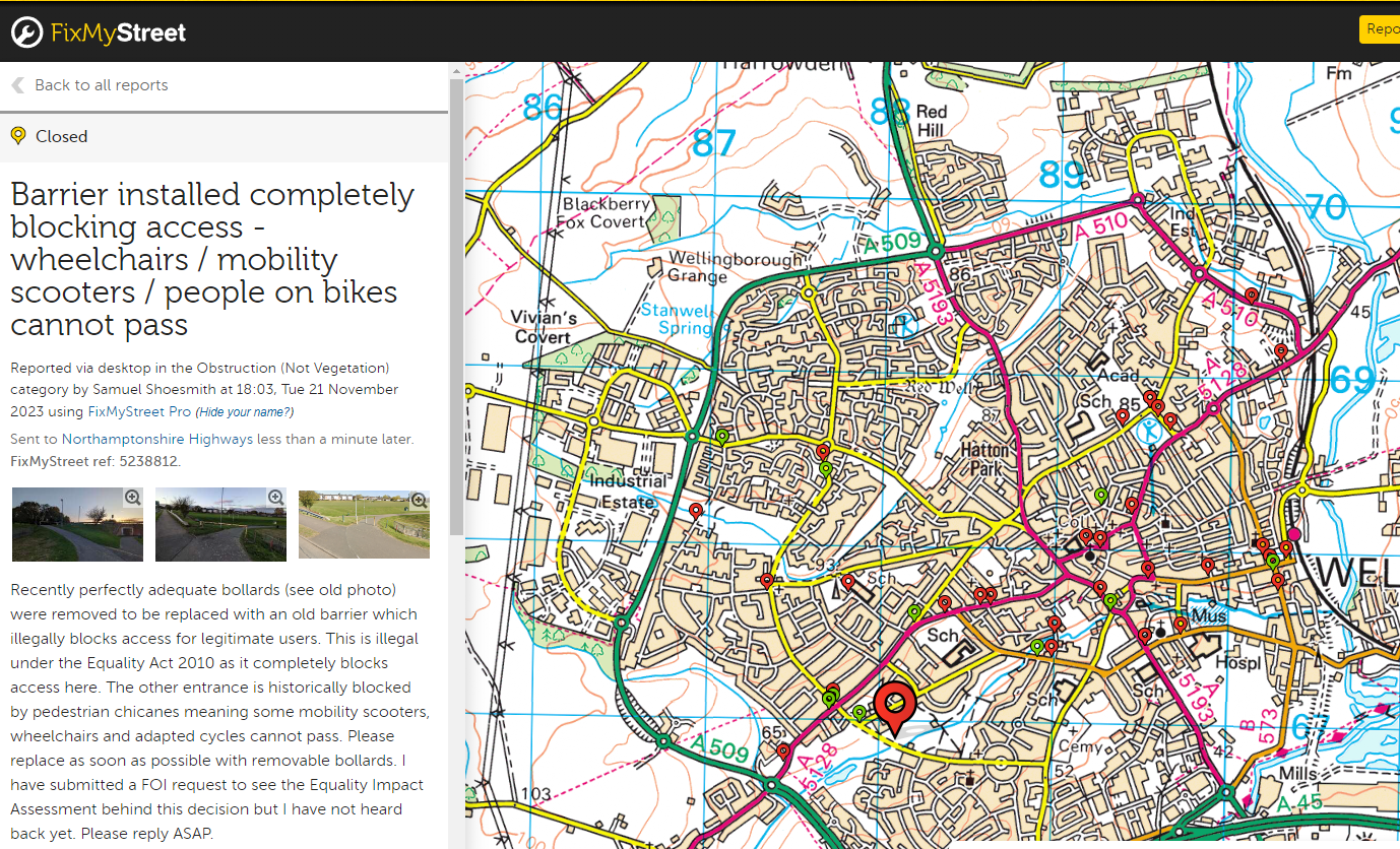 Screenshot of FixMyStreet where I inititally said about the barrier.